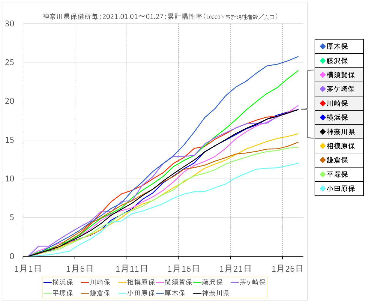 神奈川県保健管区毎の１月の累計陽性率のグラフ